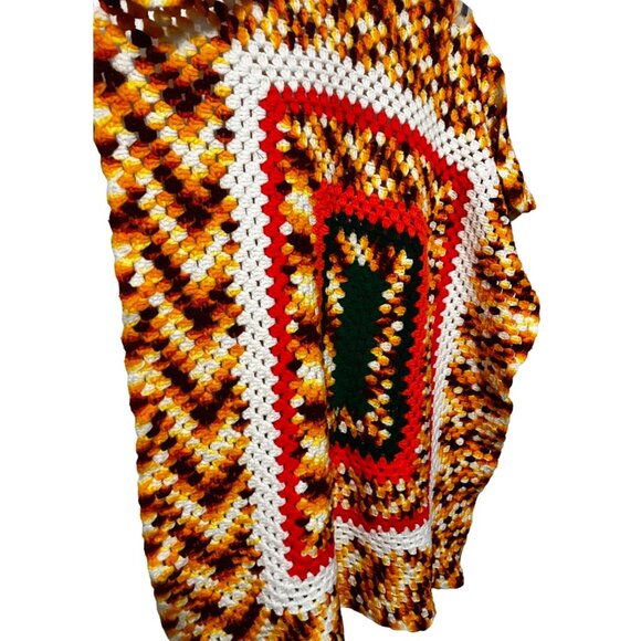 Vintage Afghan Orange Brown Yellow White Square Crochet Blanket Throw Handmade - Picture 3 of 6